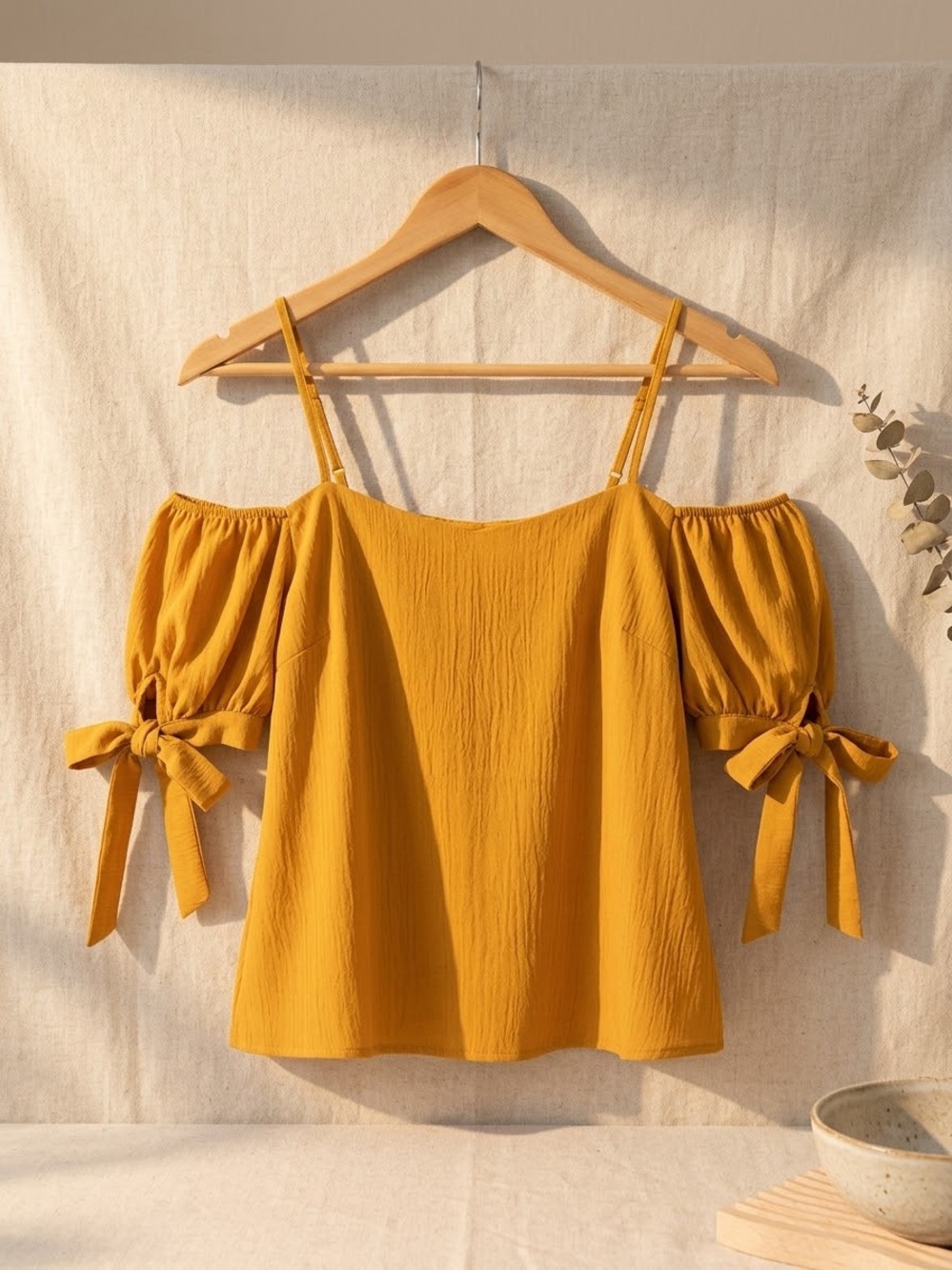 Mustard Off-Shoulder Tie-Sleeve Women's Top - Picture 1 of 1